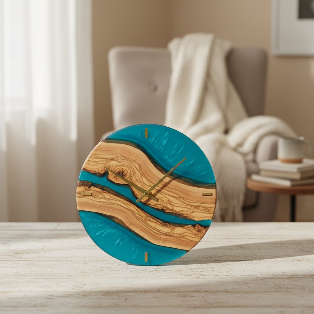 Resin & Olive Wood Wall Clock-Cyan