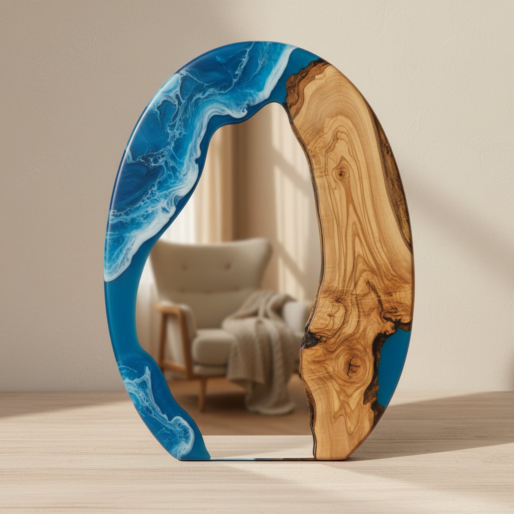 Resin and Olive Wood Oval Mirror - Blue