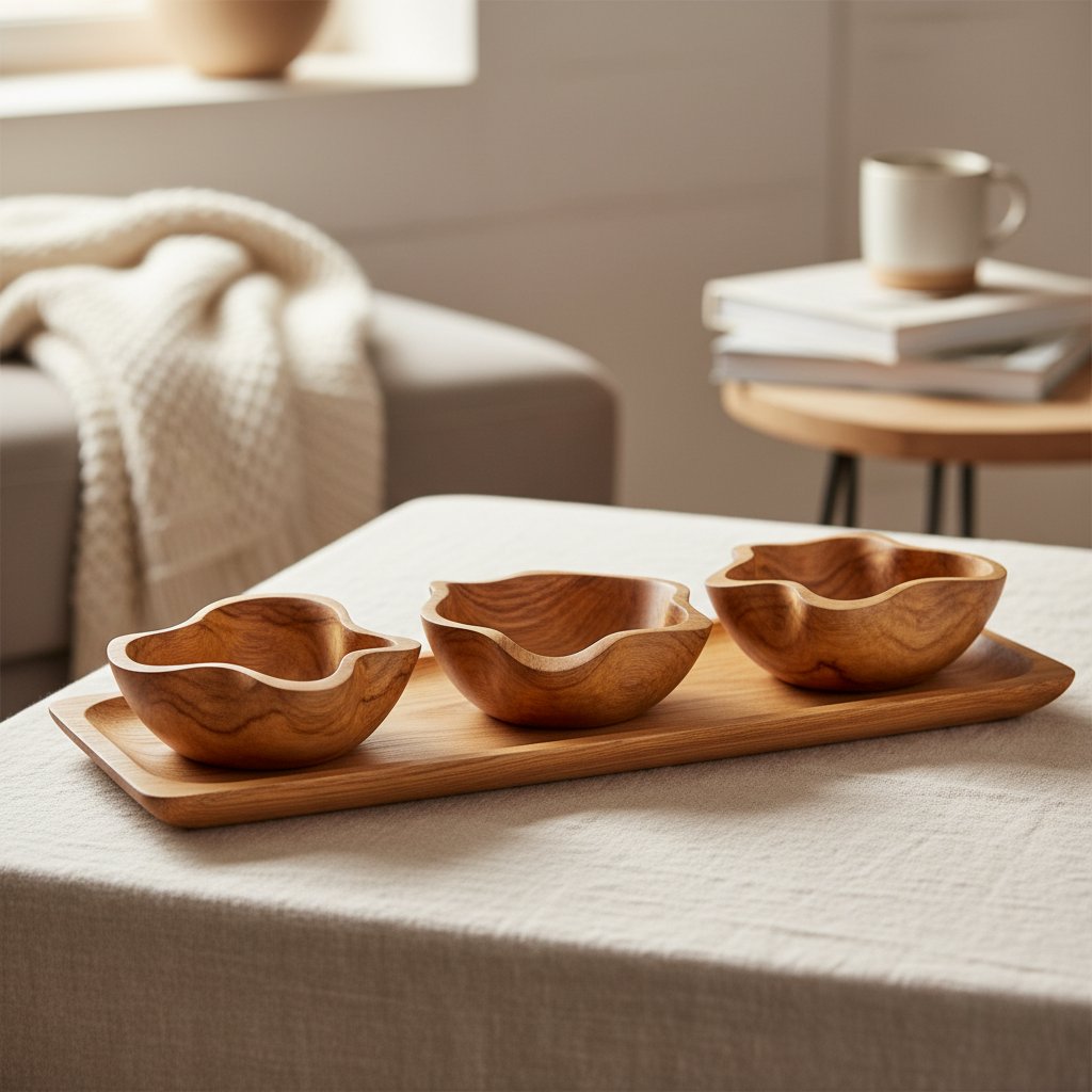 Set of three oak wood bowls on a tray