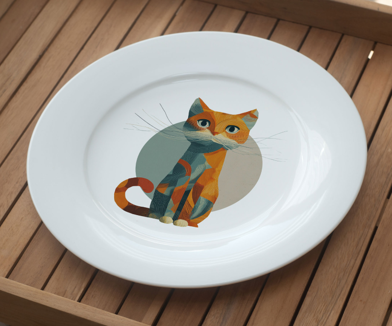 White plate with a colorful geometric illustration of a sitting cat