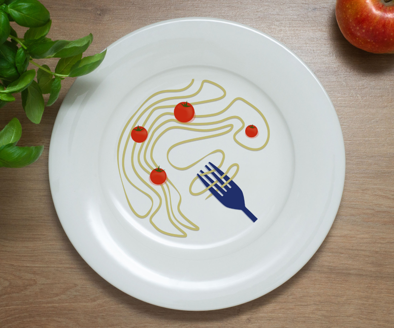 White plate with a minimalist illustration of spaghetti, cherry tomatoes, and a fork