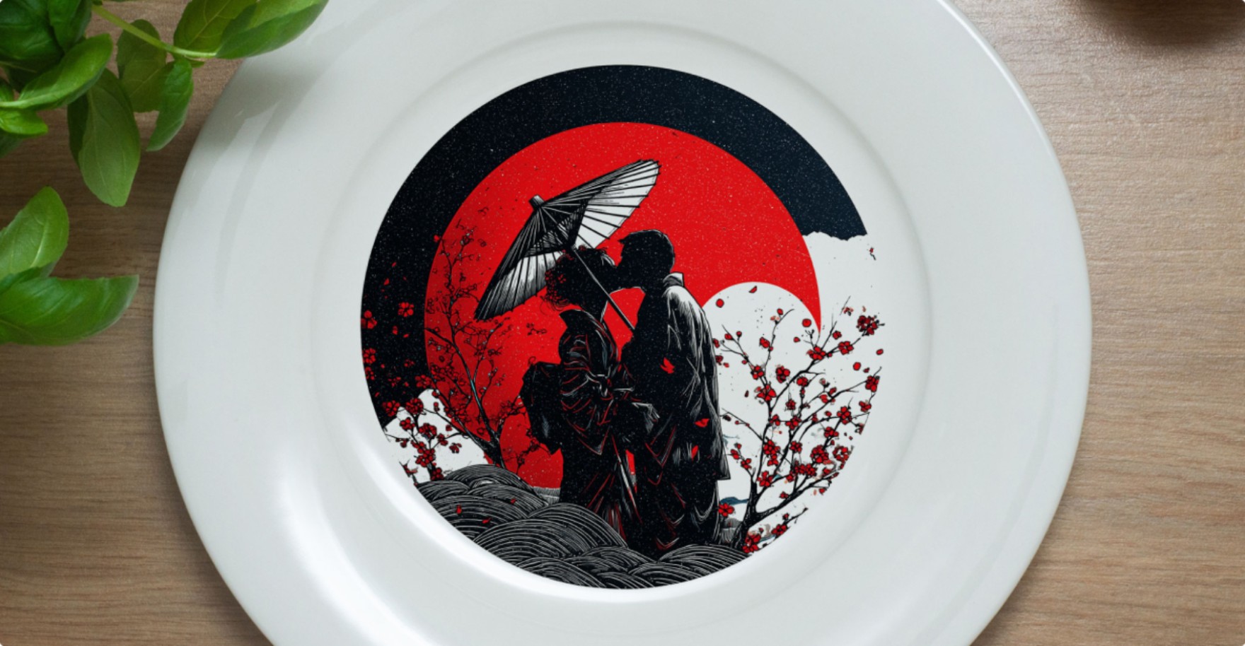 Plate with an illustration of a couple under an umbrella against a red sun