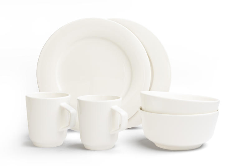 Porcelain base set: mugs, plates, and bowls