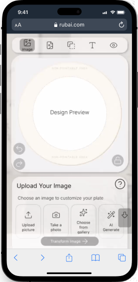 Online editor on mobile: upload an image to customize a plate
