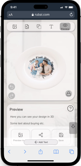 Online editor on mobile: 3D preview of a custom plate design