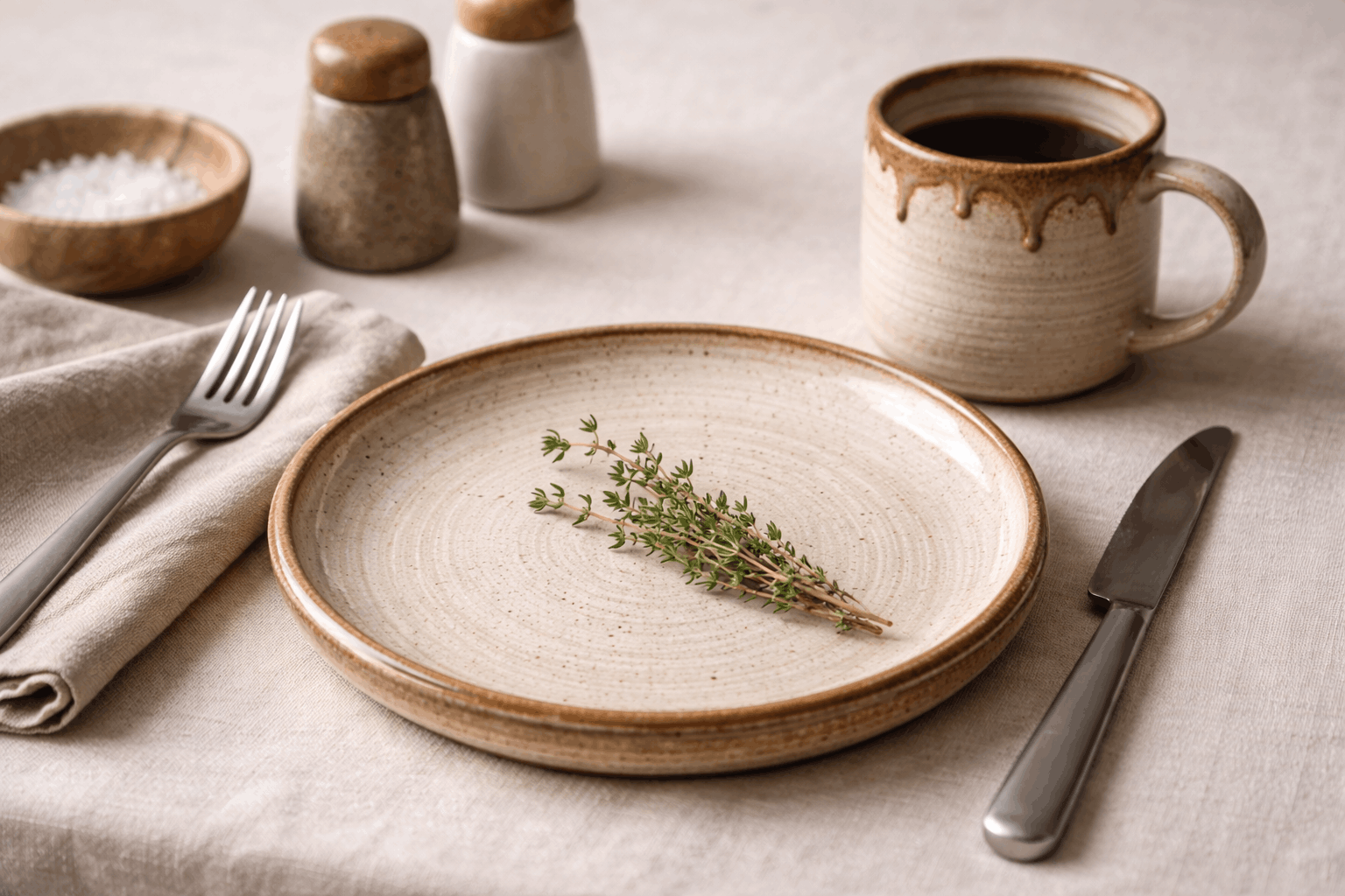 handmade ceramic tableware on modern dining table